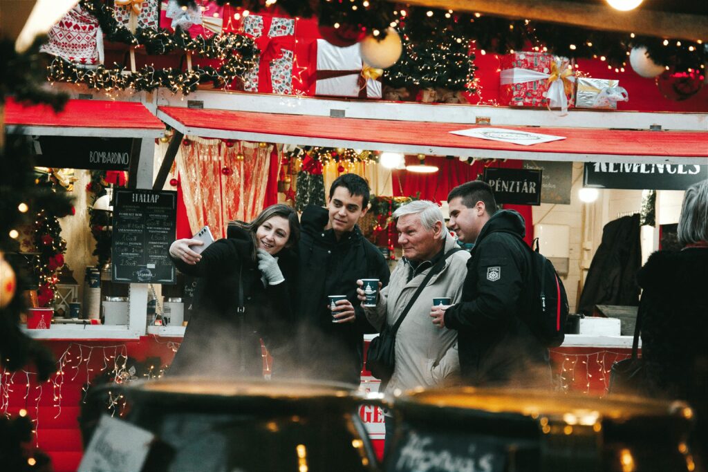 Family enjoying christmas market in budapest