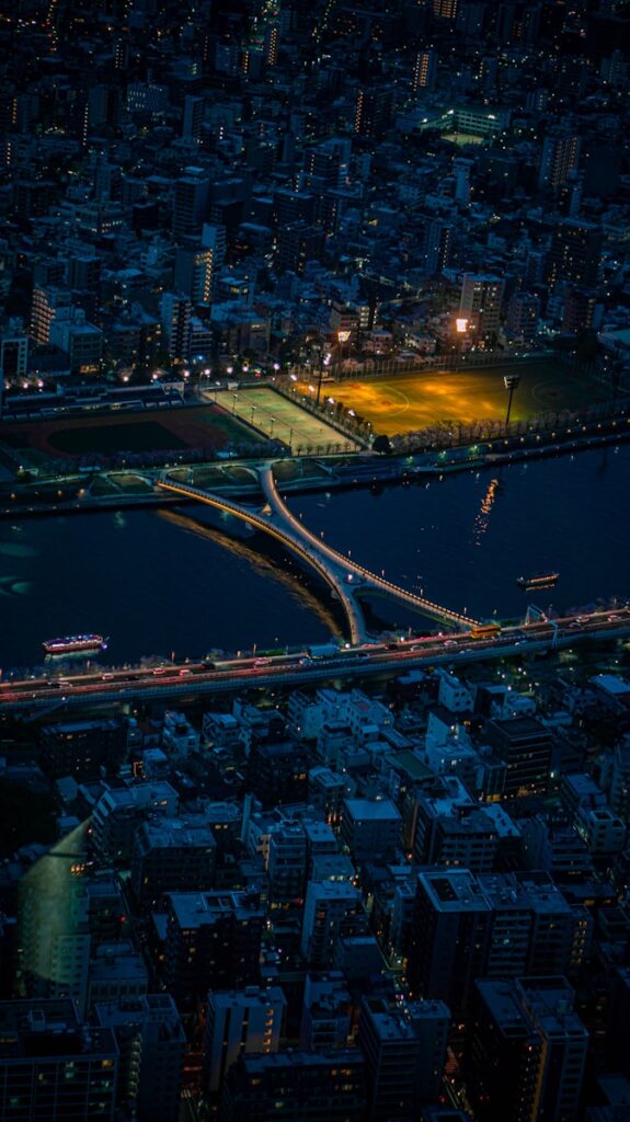 An aerial view of a city at night